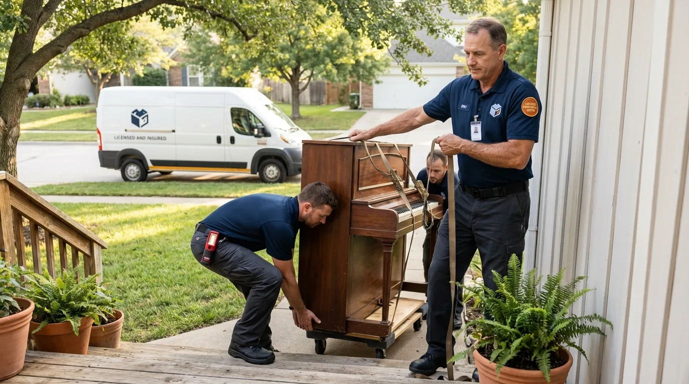 Licensed piano movers securing grand piano in Middletown, RI