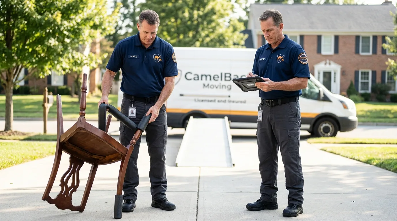Movers inspecting furniture for damage prevention before loading in Middletown, RI