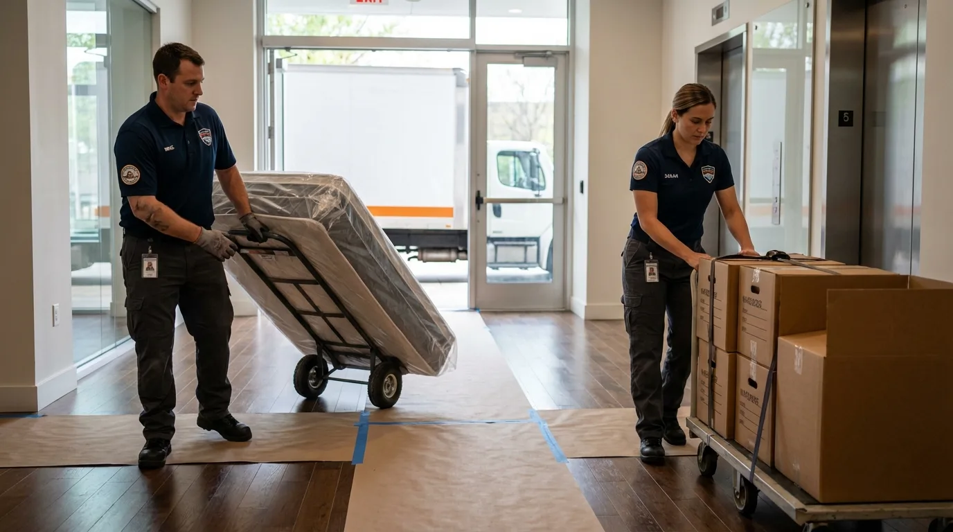 Professional apartment movers loading elevator in Middletown, RI