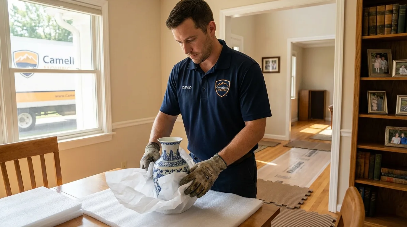 Professional crew carefully wrapping antique vase for senior downsizing move in Middletown, RI